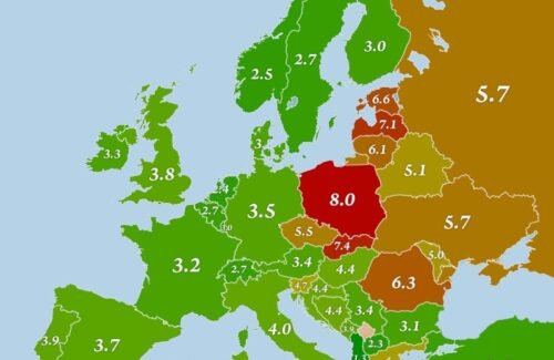 Mapa Europy ze wskaźnikami samobójstw mężczyzn do samobójstw kobiet w poszczególnych krajach - najgorsza jest Polska