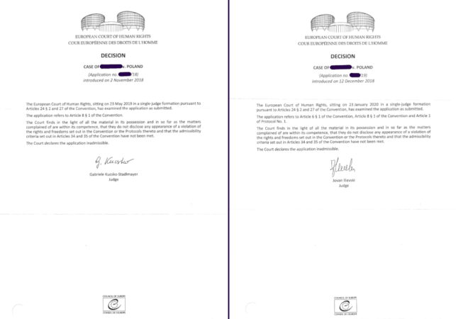 Identyczne pisma odrzucające skargi do Europejskiego Trybunału Praw Człowieka w Strasburgu wysłane w dwóch różnych sprawach